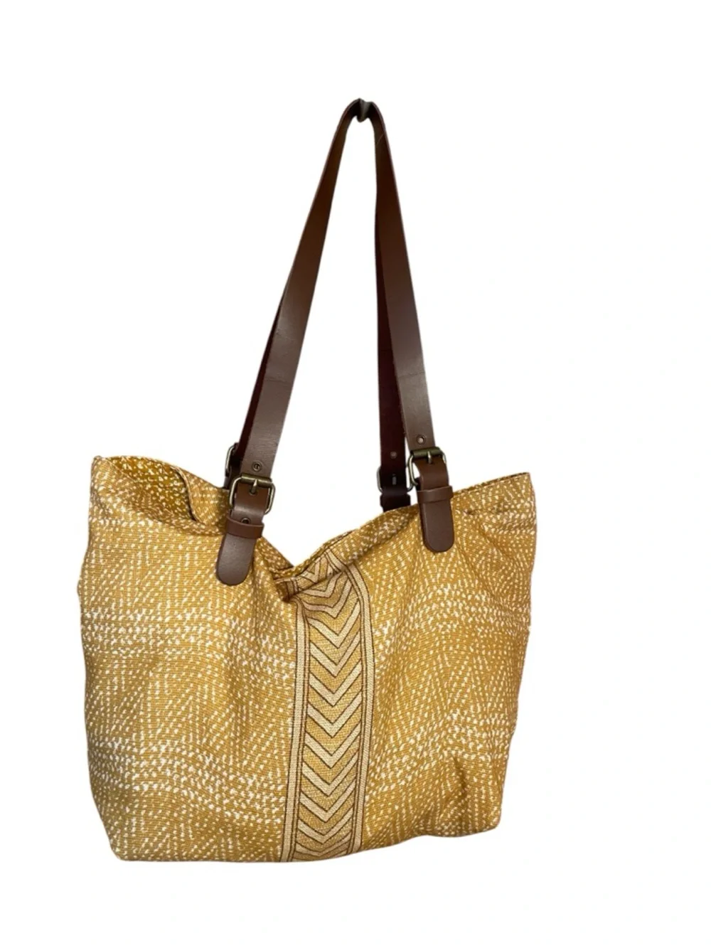 Prana Mustard Yellow Patterned Tote with Brown Straps
